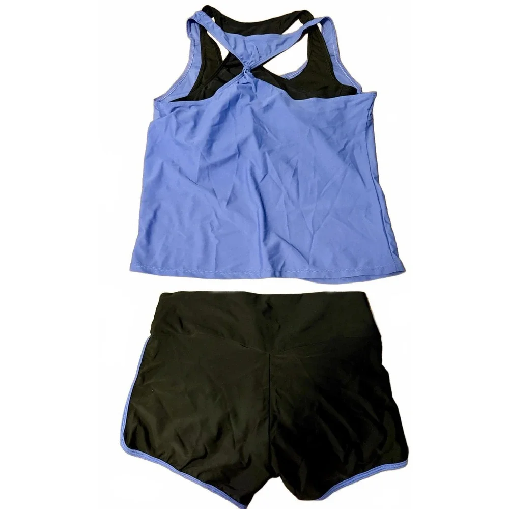 Women's Activewear Tank Top and Shorts Set - Size Large Purple and Black 3 Piece